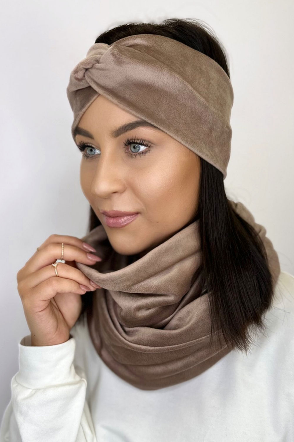 Mocca welurowy komplet opaska i komin