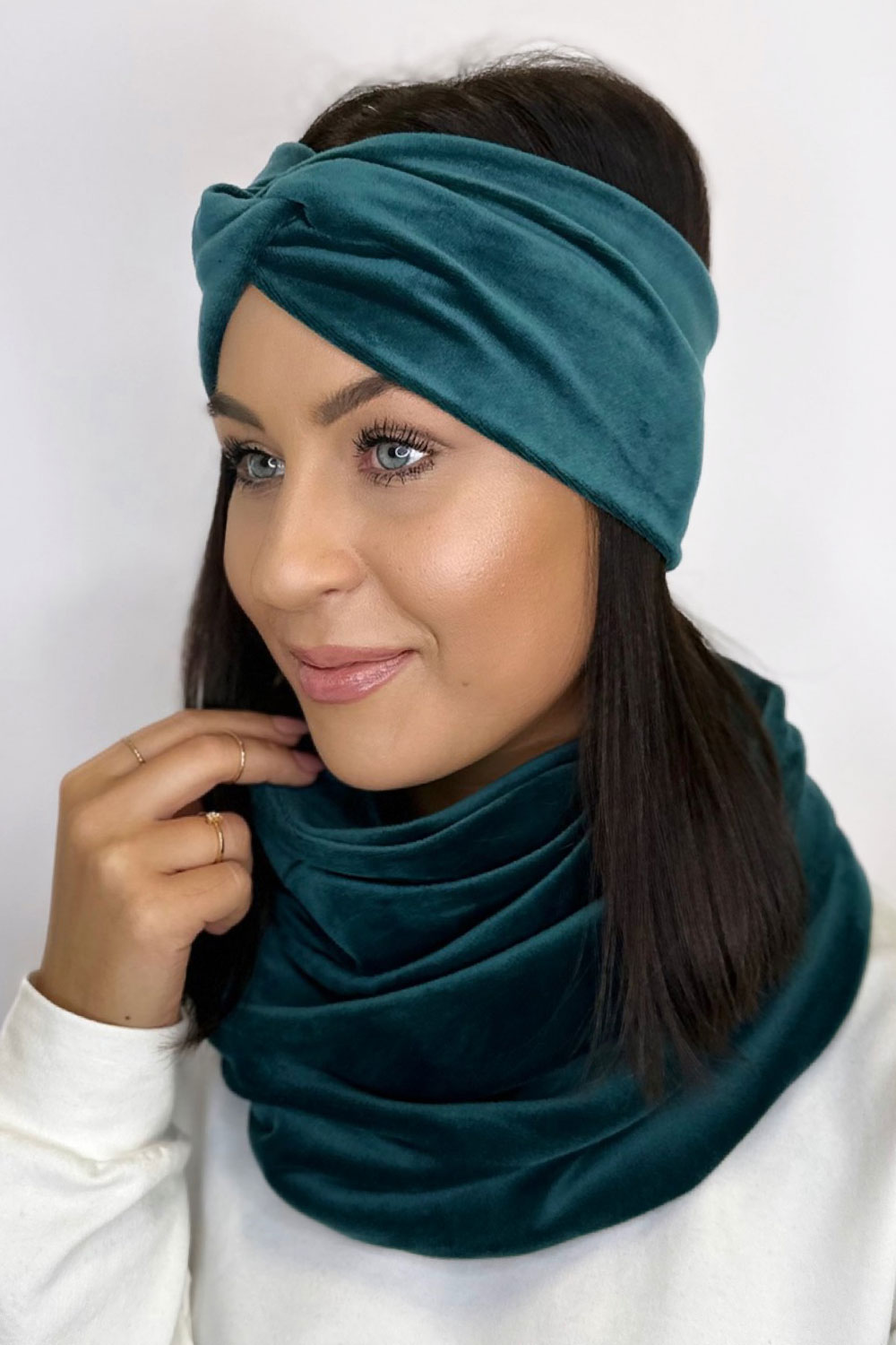 Zielony welurowy komplet opaska i komin